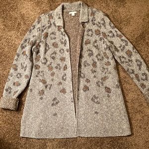 Cardigan. By EST. 1846. Size medium. Gray, black and brown animal print. NWOT